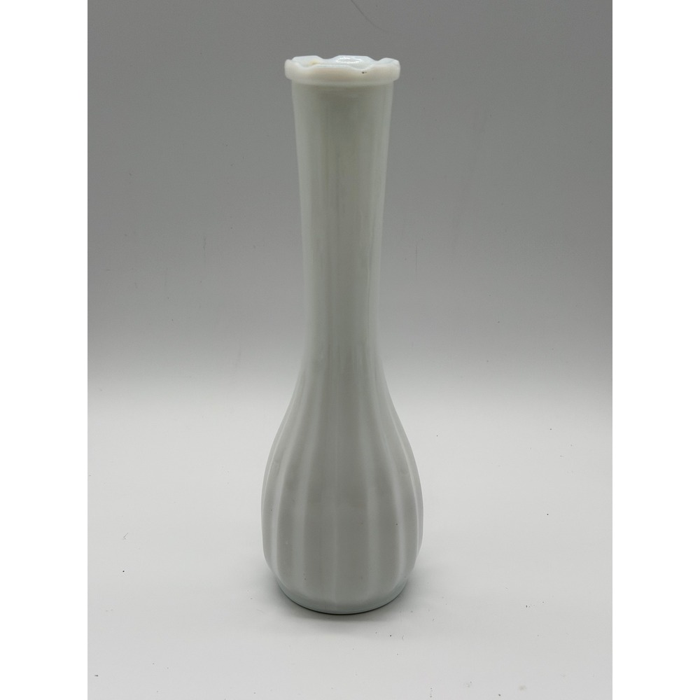 Vintage EO Brody White Milk Glass Ribbed Bud Vase Ruffled Rim 9 Inch M2000